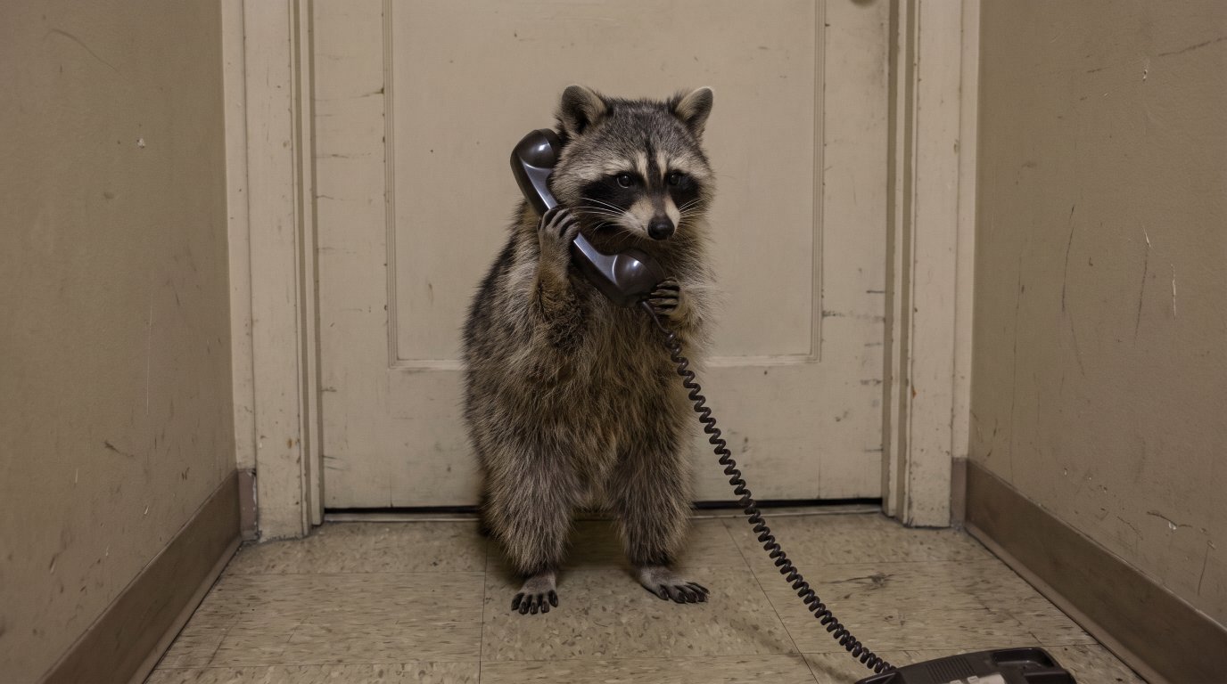 Pressestelle Satire: Waschbär steht mit einem Telefon vor einer geschlossenen Bürotür