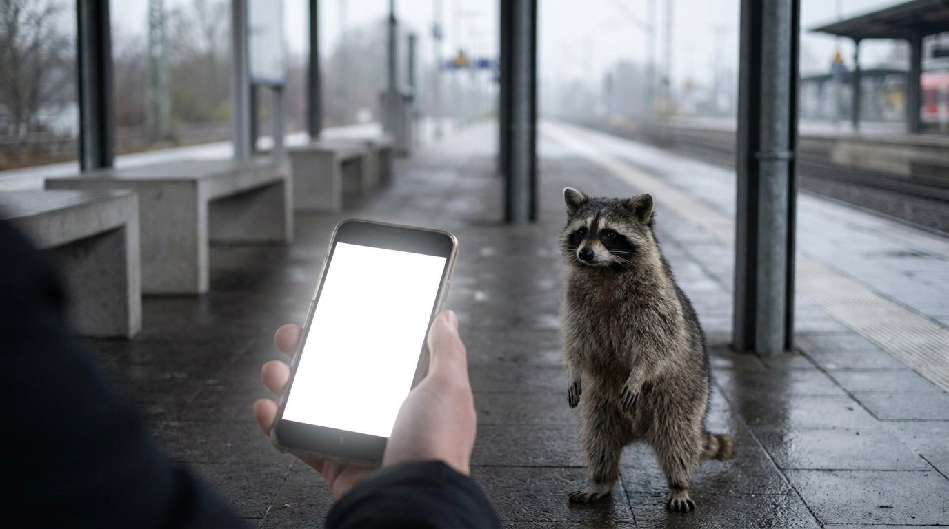 Push Satire: Waschbär steht mit einem Smartphone auf einem Bahnsteig