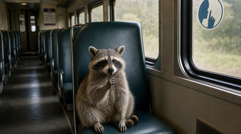 Ruheabteil Satire: Waschbär sitzt allein in einem leeren Zugabteil und hält die Pfote an den Mund