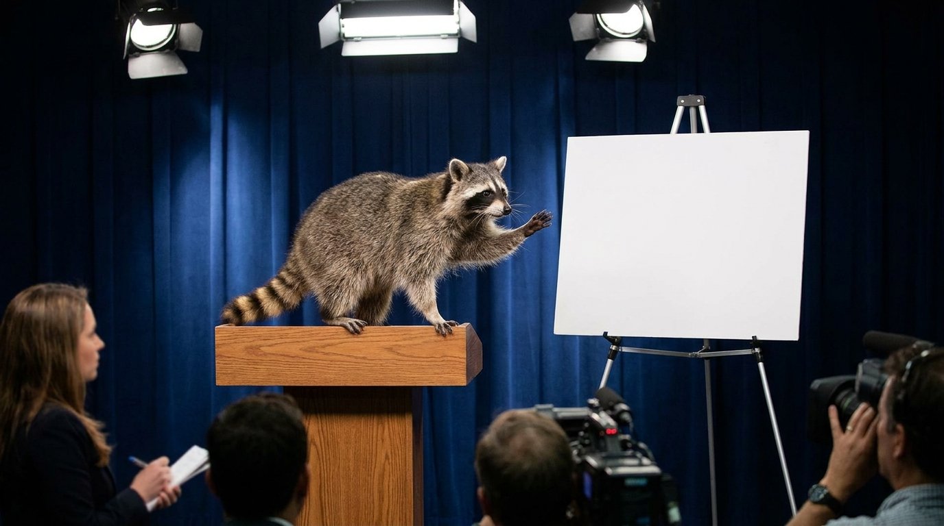 Reformtempo Satire: Waschbär steht bei einer Pressekonferenz neben einer leeren weißen Präsentationstafel