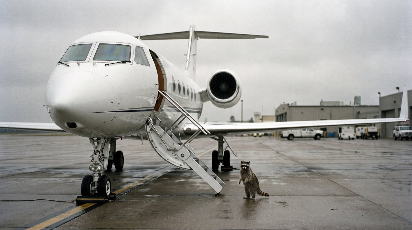 Flugzeug Satire: Waschbär steht auf einem Rollfeld neben einem kleinen Regierungsflugzeug