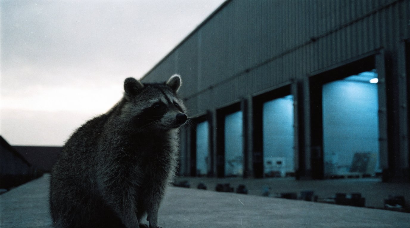 Rentenabschlag Satire: Waschbär sitzt vor Tagesanbruch auf einem leeren Bahnsteig vor einer beleuchteten Logistikhalle