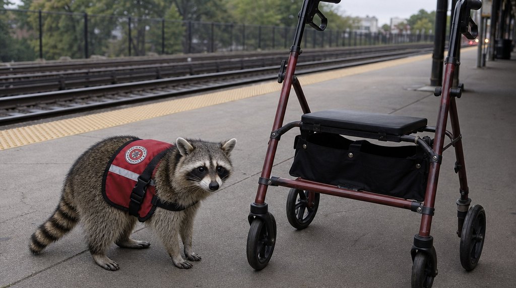 Begleitservice Satire: Waschbär in roter Serviceweste steht neben einem leeren Rollator auf dem Bahnsteig