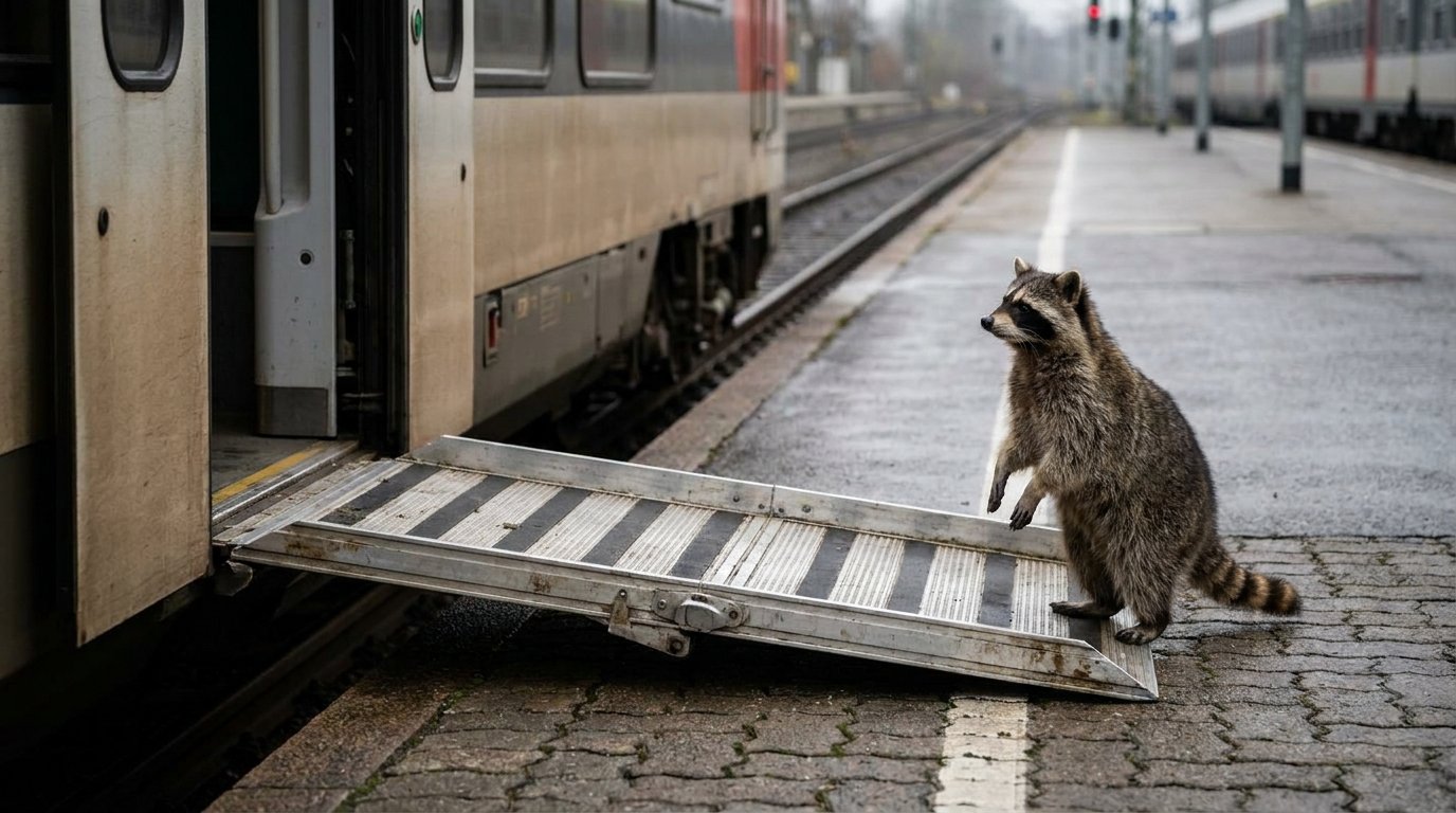 Rampe Satire: Waschbär steht neben einer mobilen Einstiegsrampe an einem Bahnsteig