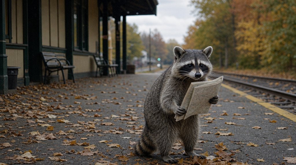 Saisonfahrplan Satire: Waschbär hält einen Papierfahrplan, um ihn herum liegt Herbstlaub auf dem Bahnsteig