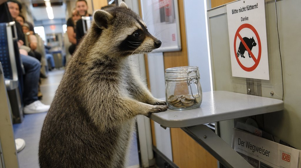 Schaffner-Trinkgeld Satire: Waschbär im Zuggang neben einem kleinen Glas mit Münzen auf einem Klapptisch