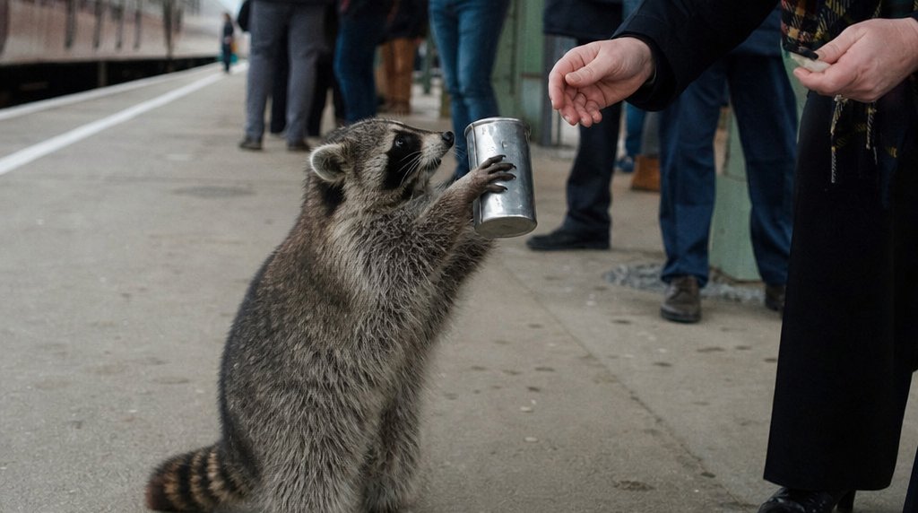 Crowdfunding Satire: Waschbär hält eine Spendendose auf einem Bahnsteig