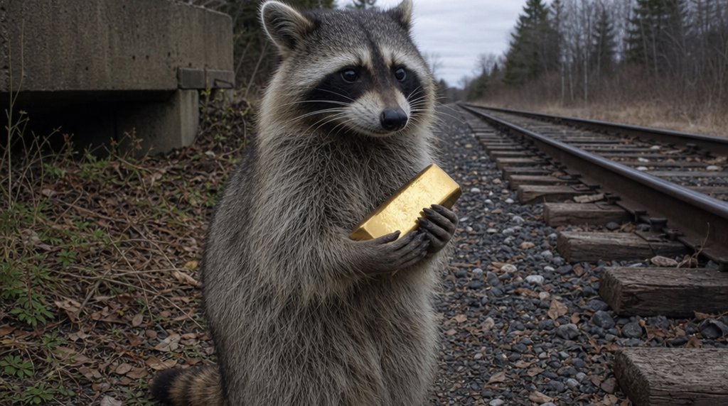 Schienen-Gold Satire: Waschbär hält einen glänzenden Goldbarren neben Bahngleisen