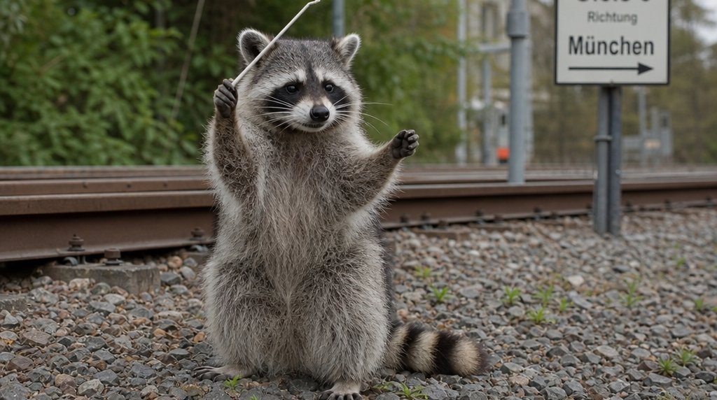 Schienen-Orchester Satire: Waschbär hält einen Taktstock neben Bahngleisen wie ein Dirigent
