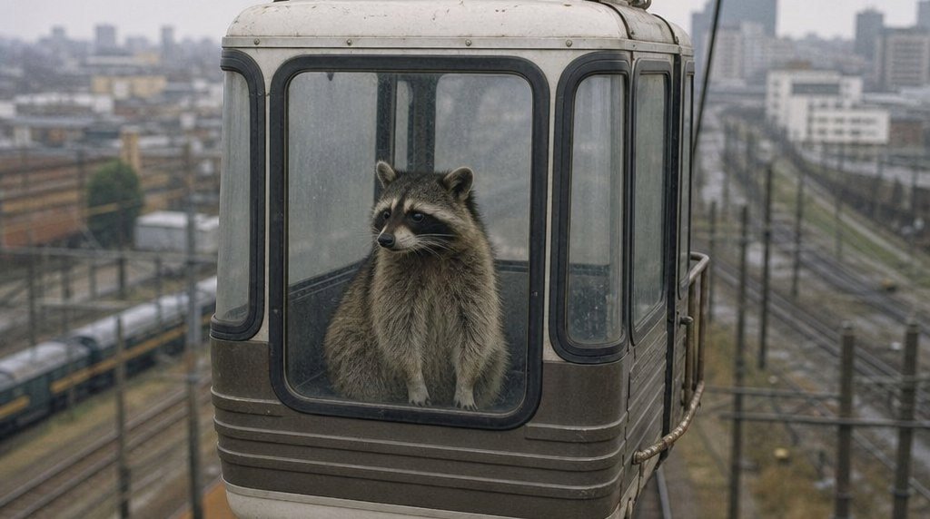 Seilbahn Satire: Waschbär sitzt in einer kleinen Seilbahngondel über Bahngleisen