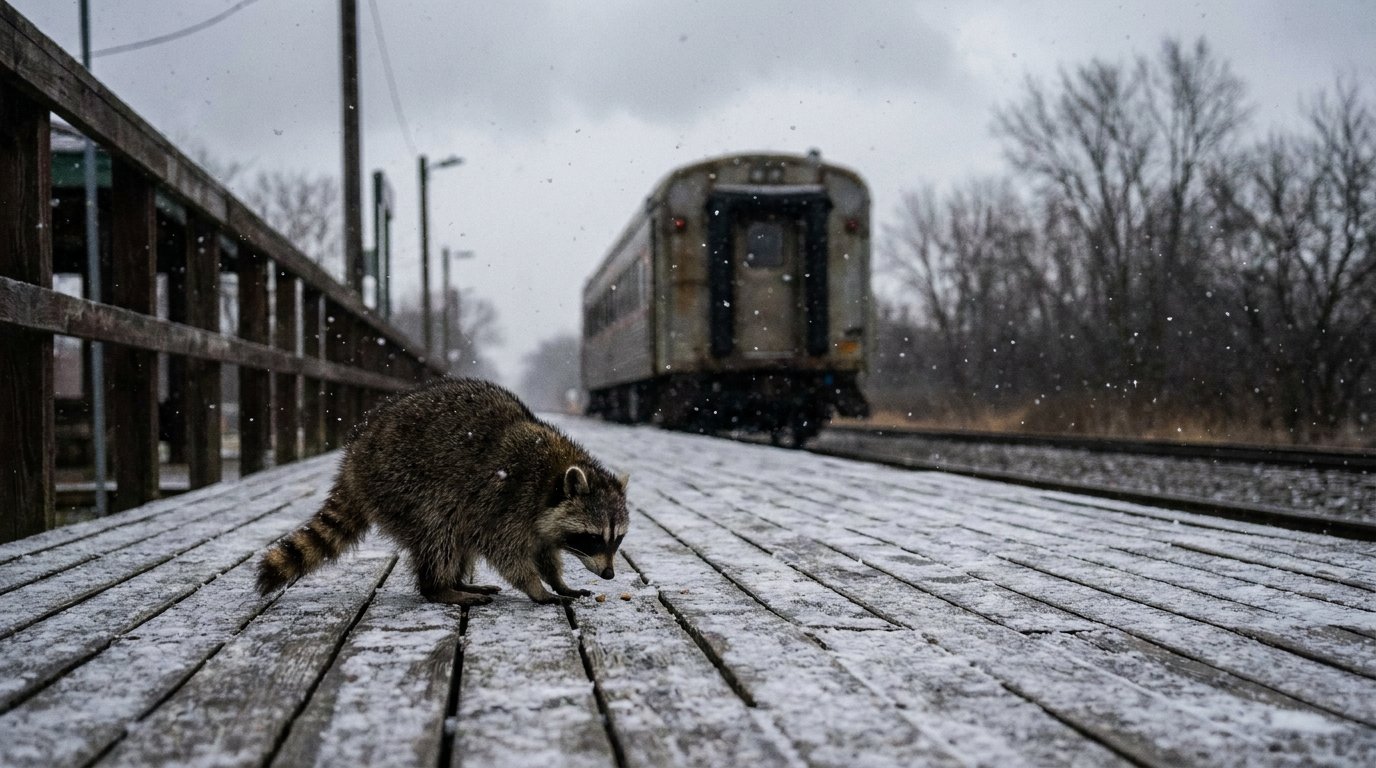 Schnee Bahn Satire: Waschbär steht auf einem leicht verschneiten Bahnsteig bei grauem Himmel