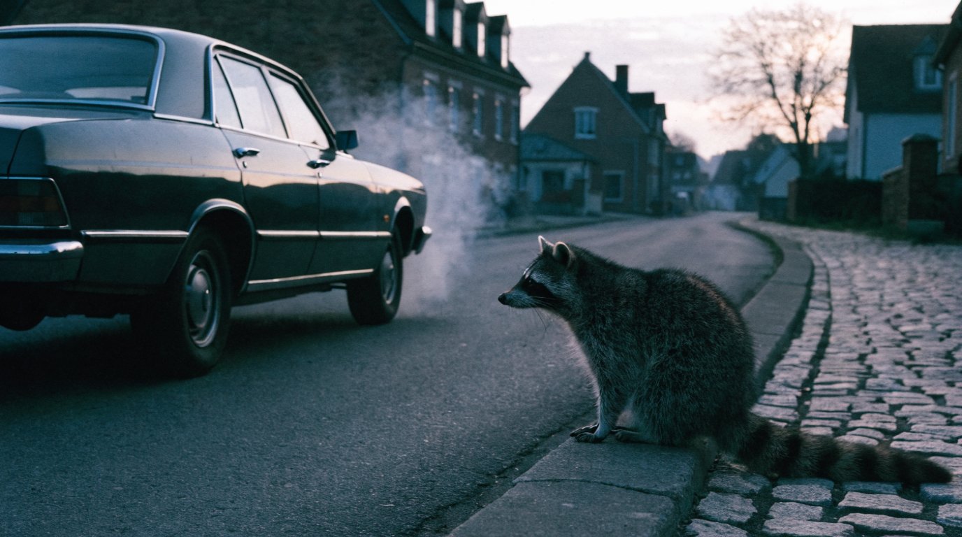 Schülerbeförderung Taxi Satire: Waschbär sitzt frühmorgens am Straßenrand vor einem wartenden Taxi an einem Dorfrand
