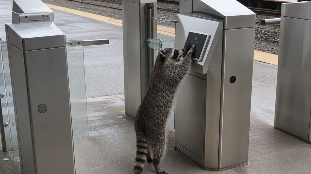 Selbst-Check-in Satire: Waschbär an einem Self-Service-Terminal auf dem Bahnsteig