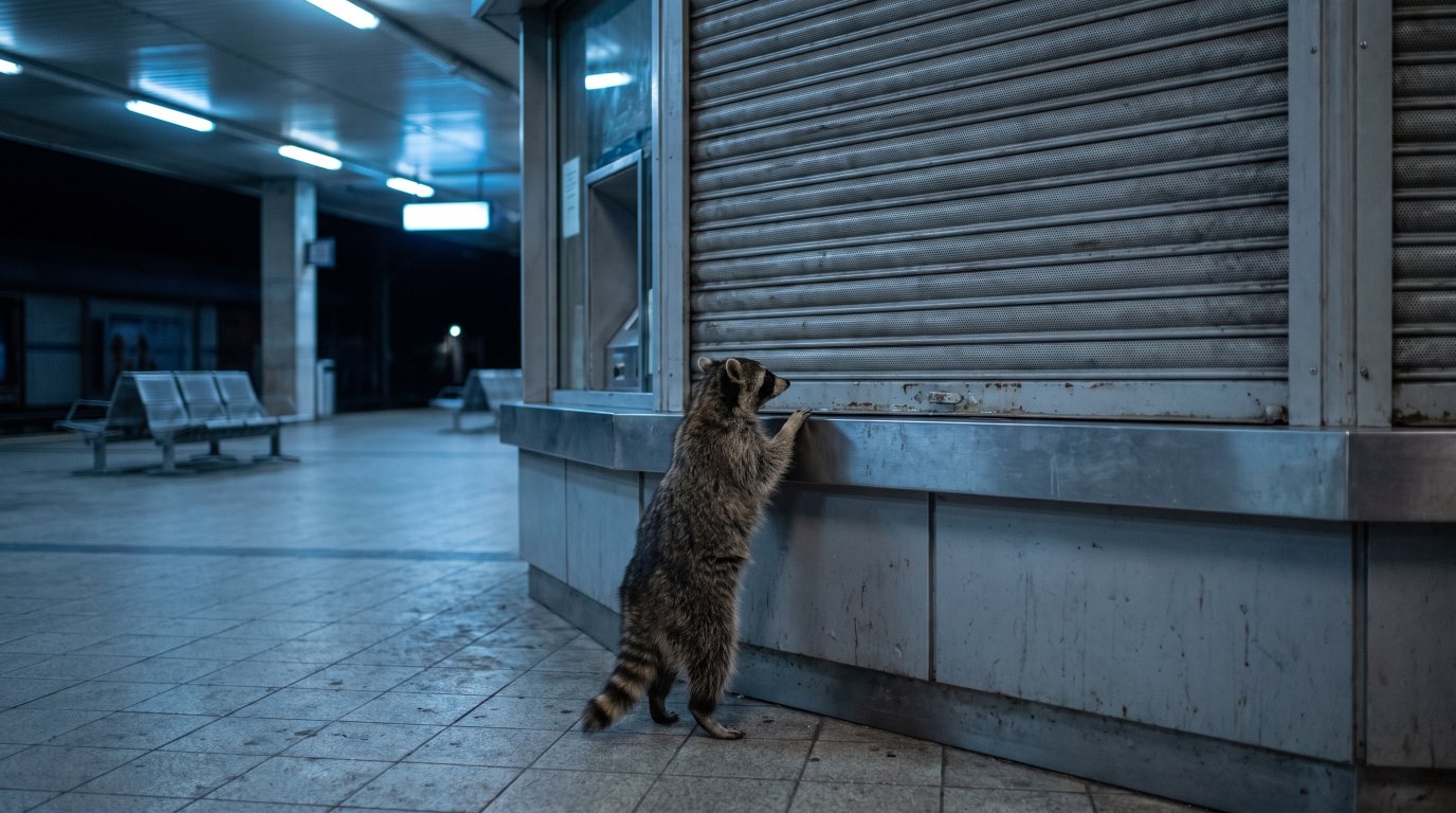 Servicequalität Satire: Waschbär steht vor einem geschlossenen Servicecounter im Bahnhof