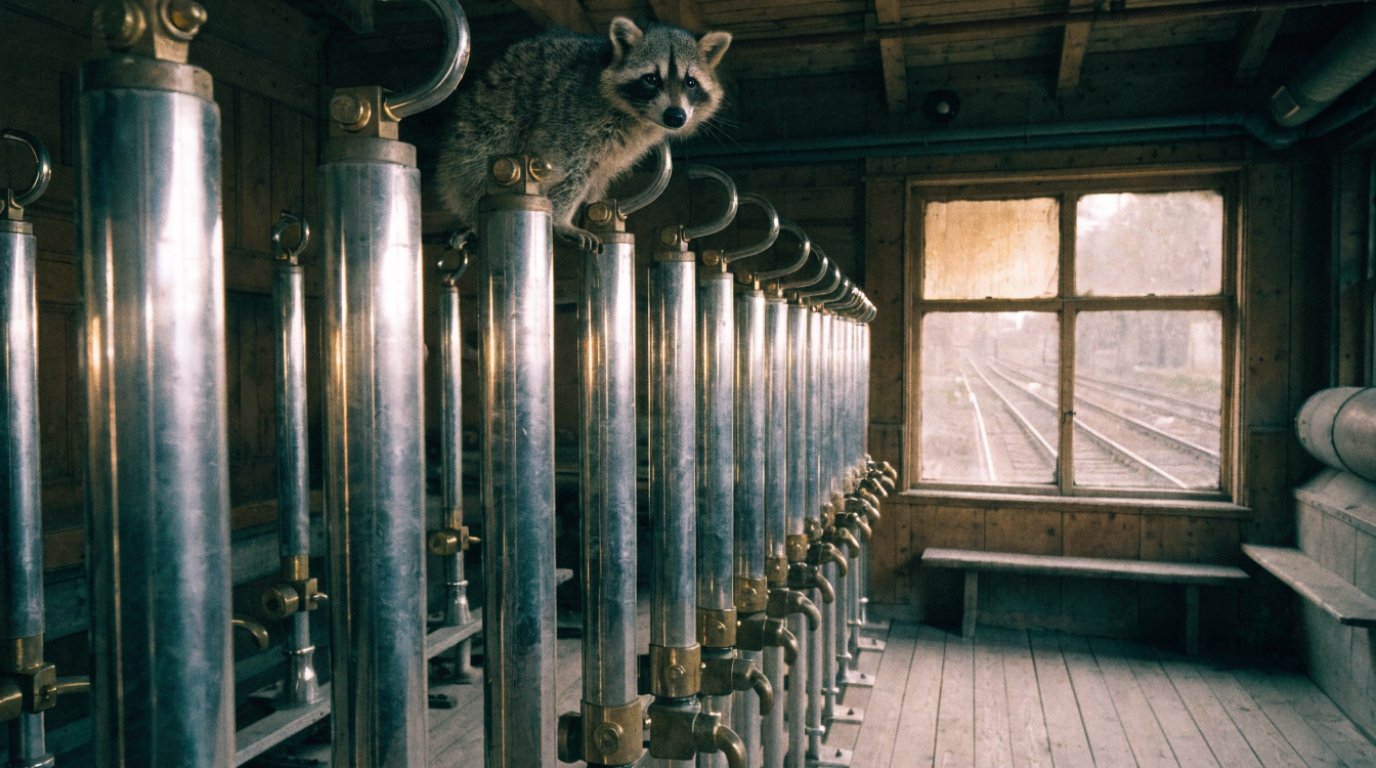 IT-Sicherheit Stellwerk Satire: Waschbär sitzt auf einem Hebel in einem mechanischen Stellwerk mit langer Hebelbank