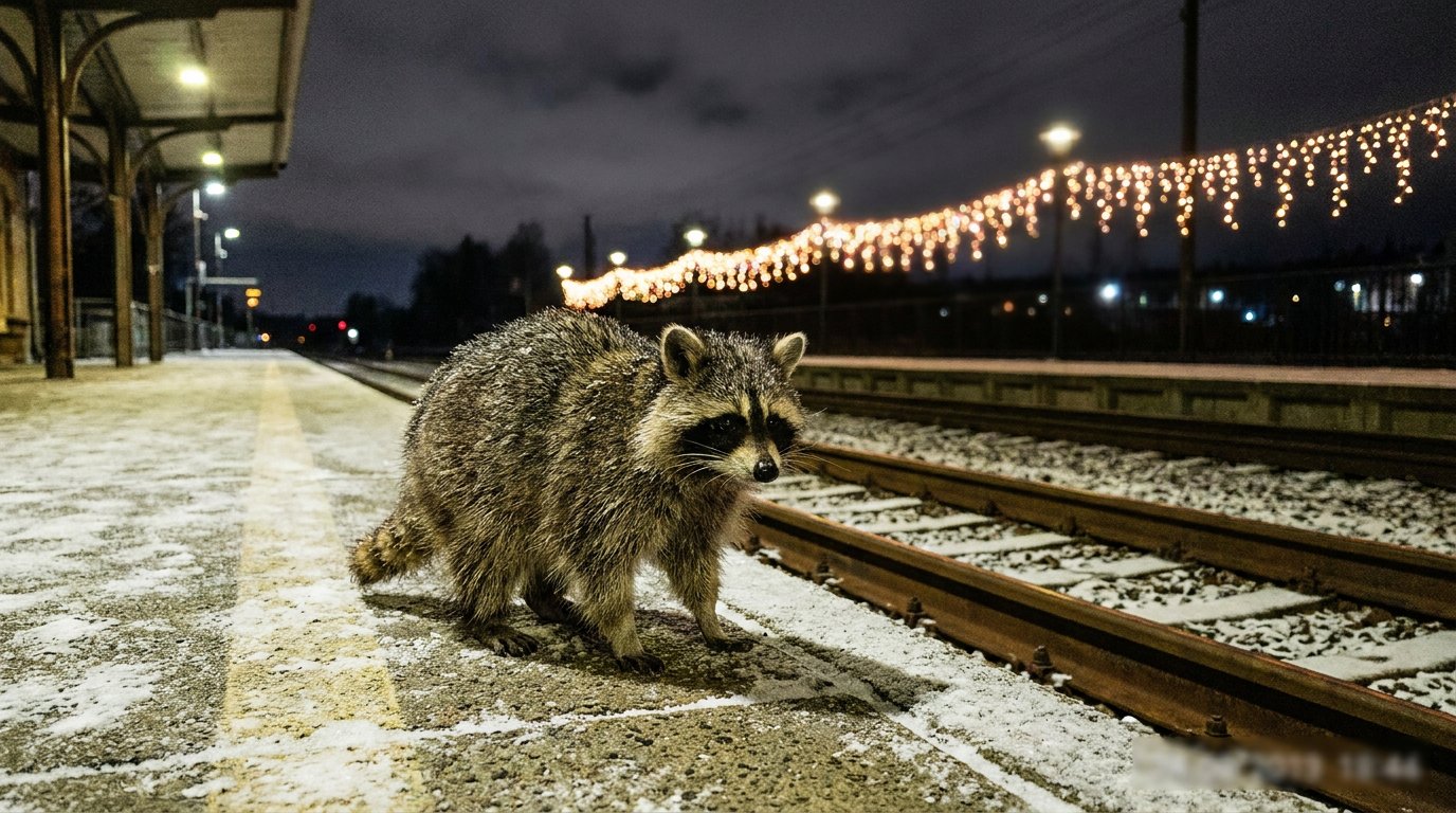 Silvester Satire: Waschbär steht nachts auf einem Bahnsteig, im Hintergrund ferne Lichter am Himmel
