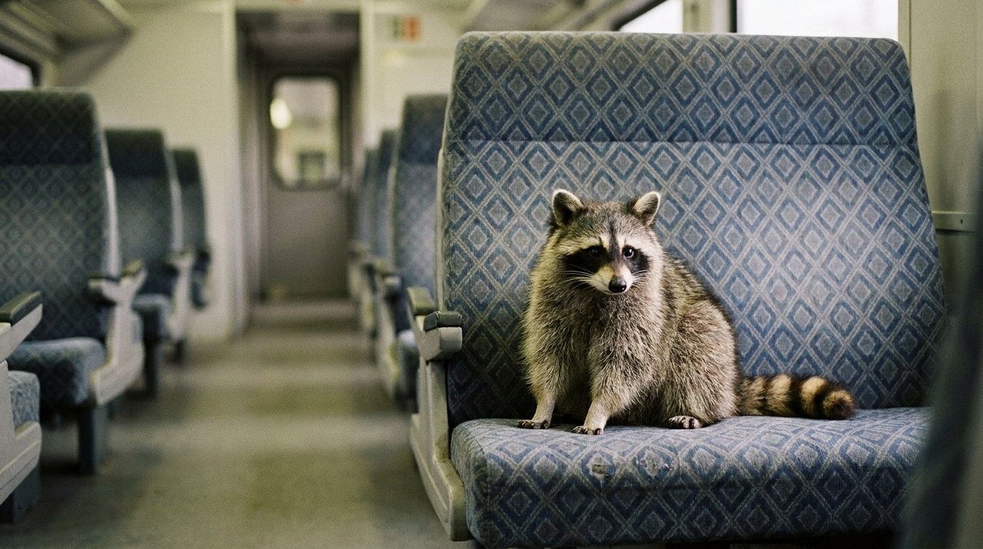 Polster Satire: Waschbär sitzt auf einem gemusterten Zugsitz in einem leeren Wagen