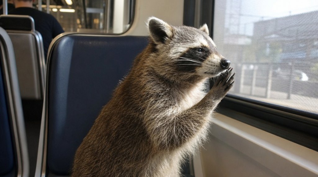 Sitzheizung Satire: Waschbär sitzt auf einem Zugsitz am Fenster und fächelt sich Luft zu