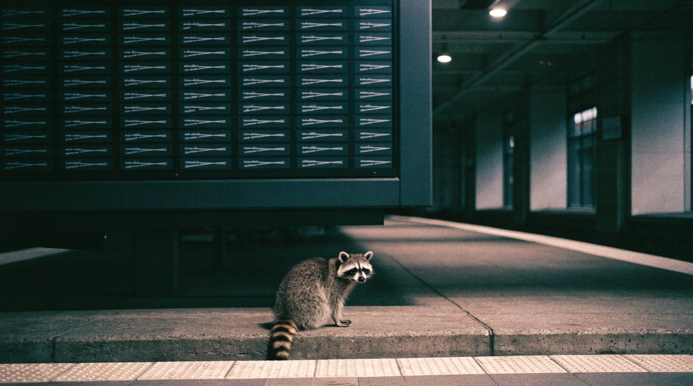 Sonderzug Großereignis Satire: Waschbär sitzt auf einem Bahnsteig neben einer Anzeigetafel voller gestrichener Verbindungen
