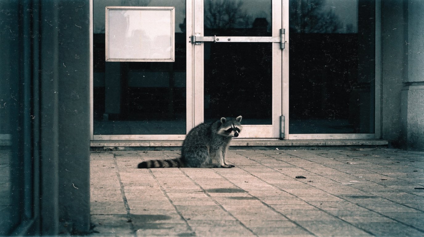 Sozialticket Antrag Satire: Waschbär sitzt vor der verschlossenen Glastür eines Landratsamts auf leerem Vorplatz