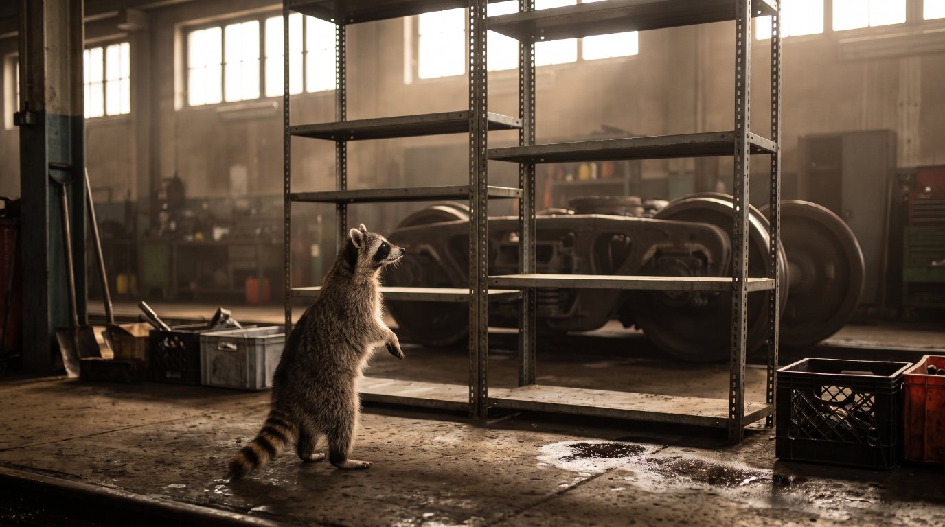 Ersatzteile Satire: Waschbär steht vor einem leeren Regal in einer Bahnwerkstatt