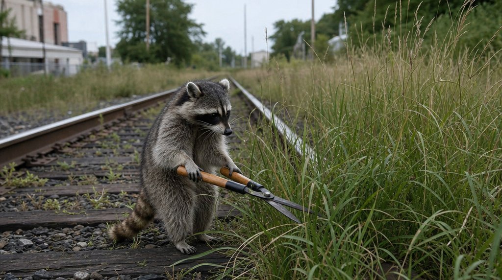 Streckenpatenschaft Satire: Waschbär schneidet mit einer Gartenschere hohes Gras zwischen Bahngleisen