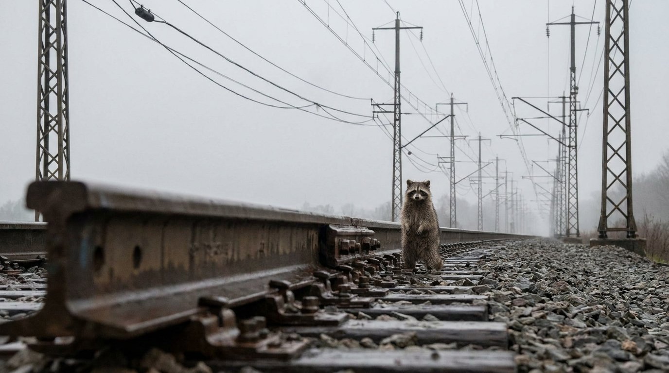 Stromnetz Satire: Waschbär steht neben einer Weiche mit Oberleitungsmasten im Hintergrund