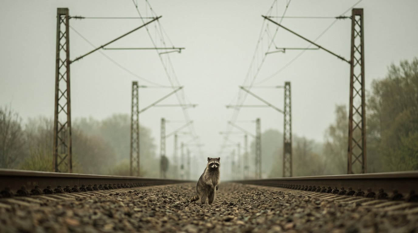 Bahnstrom Satire: Waschbär steht unter Oberleitungsmasten an einer elektrifizierten Strecke