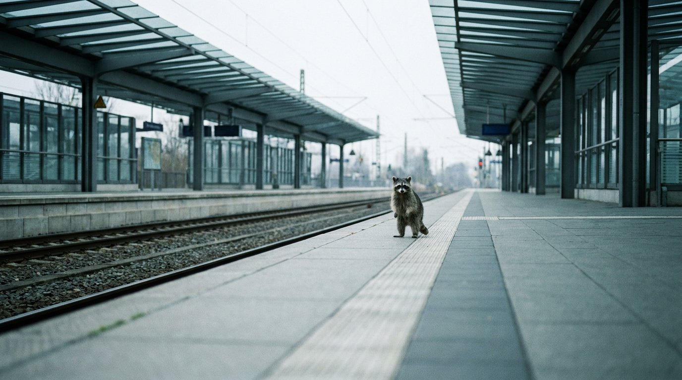Taktknoten Satire: Waschbär steht auf einem leeren Bahnsteig zwischen mehreren Gleisen