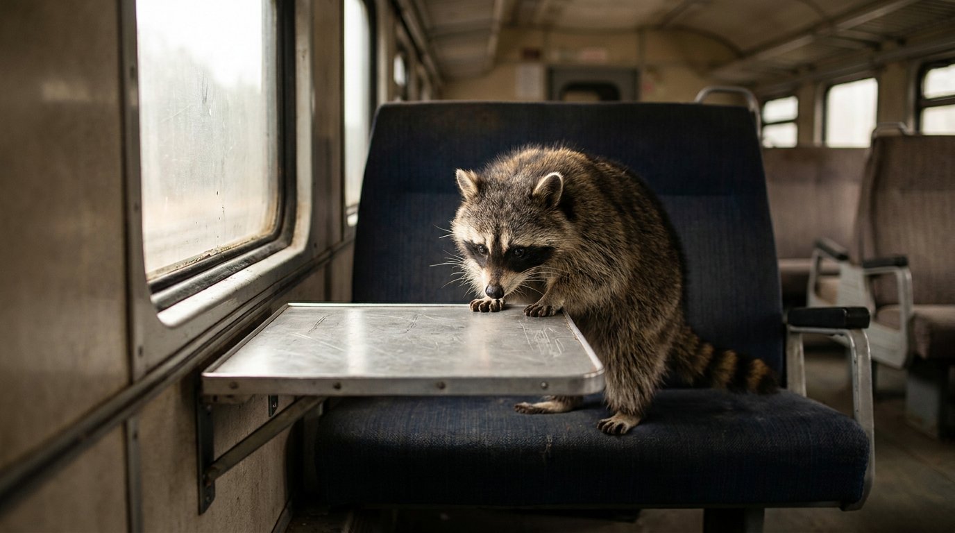 Klapptisch Satire: Waschbär sitzt am Zugsitz vor einem heruntergeklappten kleinen Tisch
