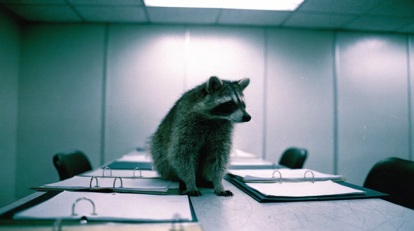 Haushaltstitel null Satire: Waschbär sitzt auf einem langen leeren Sitzungstisch vor aufgeschlagenen Aktenordnern