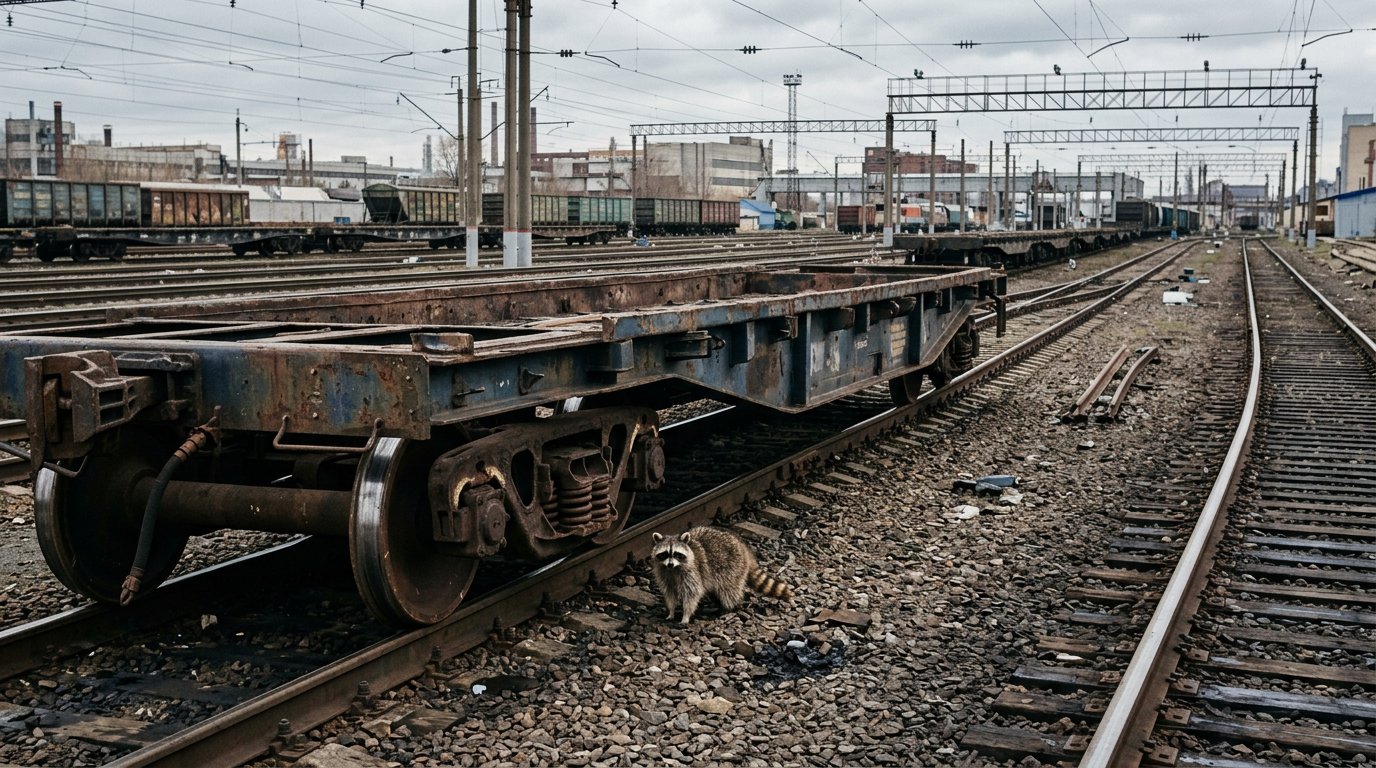 Trassenpreise Satire: Waschbär steht neben einem leeren Güterwaggon auf einem weiten Rangierbahnhof