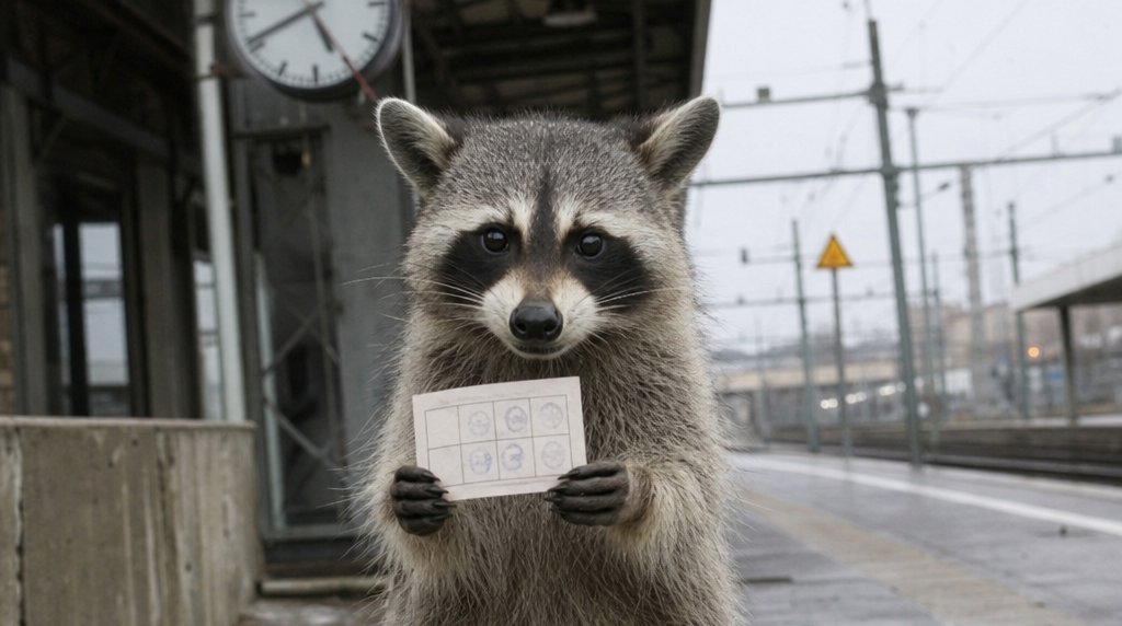 Treuepunkte Satire: Waschbär hält auf dem Bahnsteig eine Stempelkarte in den Pfoten, dahinter eine große Uhr