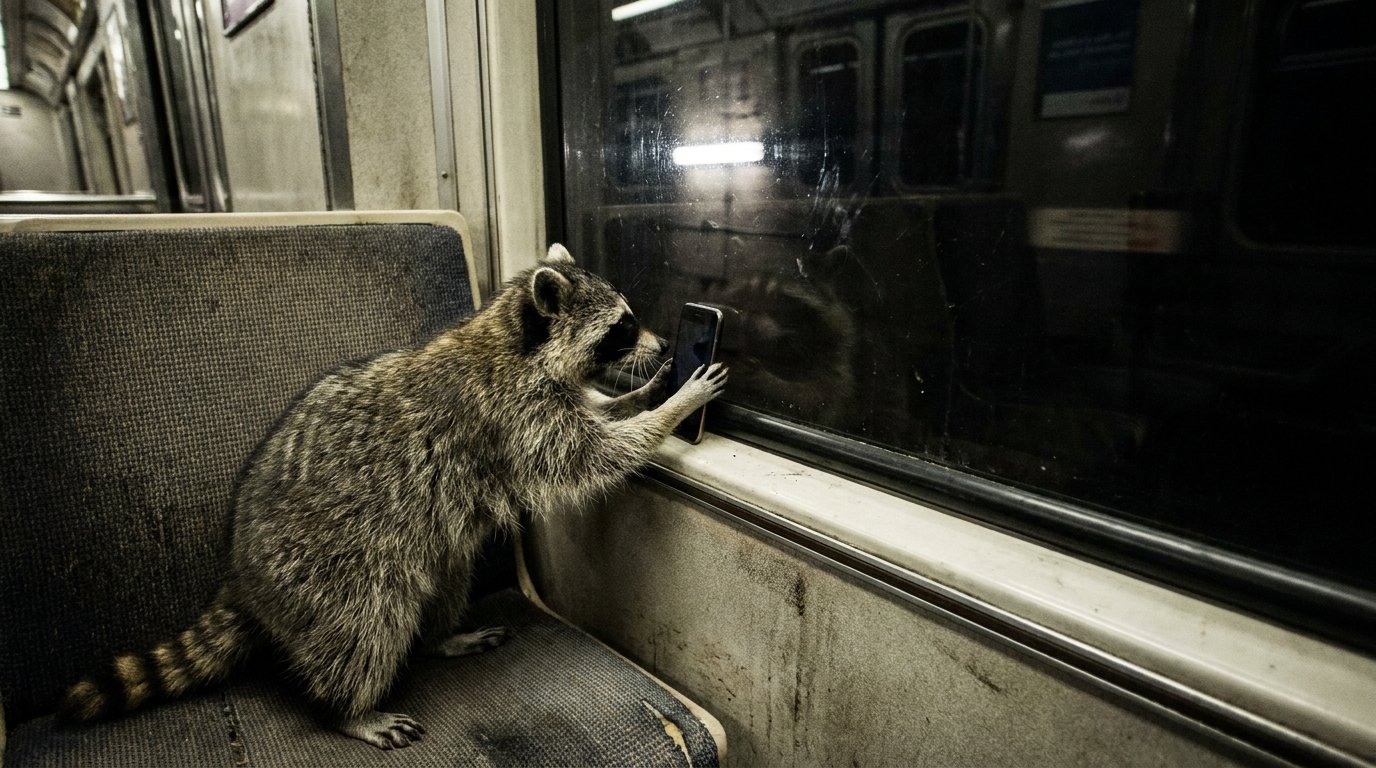 Handyempfang Zug Satire: Waschbär hält im dunklen Tunnel ein Handy ans Zugfenster