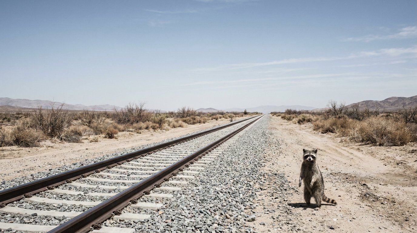 USA Satire: Waschbär steht an einer breiten Bahntrasse in einer trockenen Landschaft