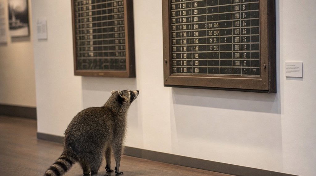 Verspätungsmuseum Satire: Waschbär betrachtet in einer Museumshalle gerahmte alte Anzeigetafeln an der Wand