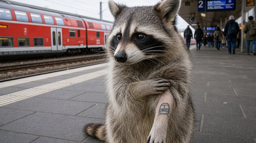 Verspätungs-Tattoo Satire: Waschbär auf dem Bahnsteig zeigt am Vorderbein eine kleine Tätowierung in Zugform