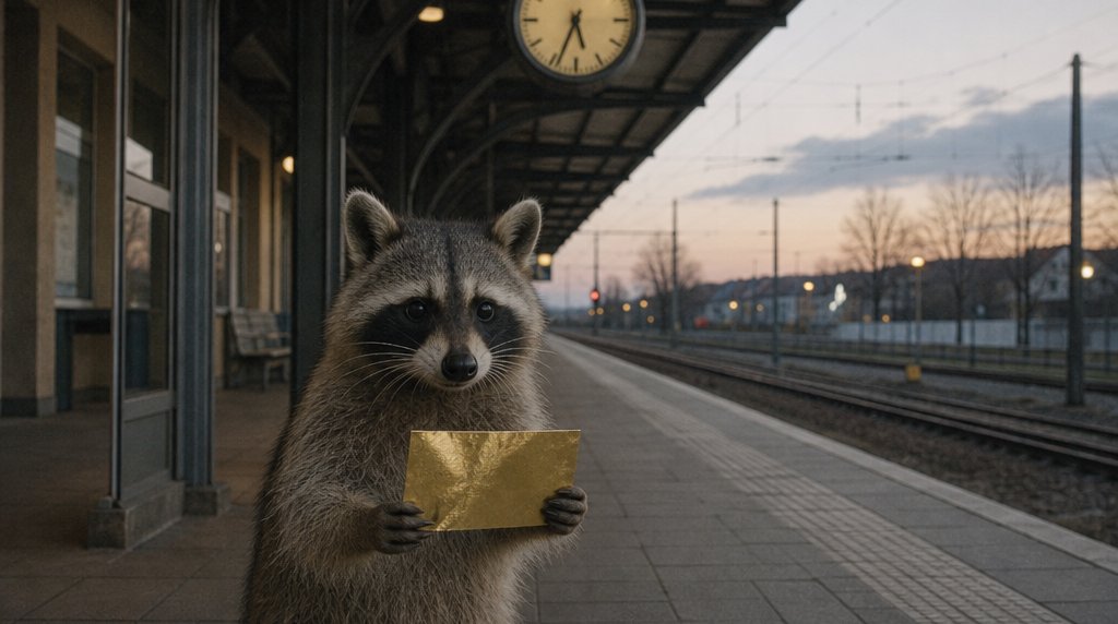 Verspätungsabo Satire: Waschbär hält eine goldene Fahrkarte auf leerem Bahnsteig unter einer großen Bahnhofsuhr