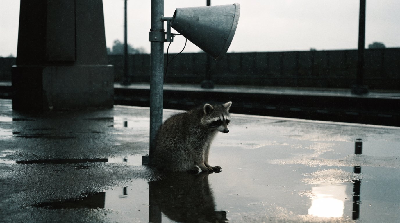 Wir bitten um Verständnis Satire: Waschbär sitzt allein auf einem regennassen Bahnsteig unter einem Lautsprecher