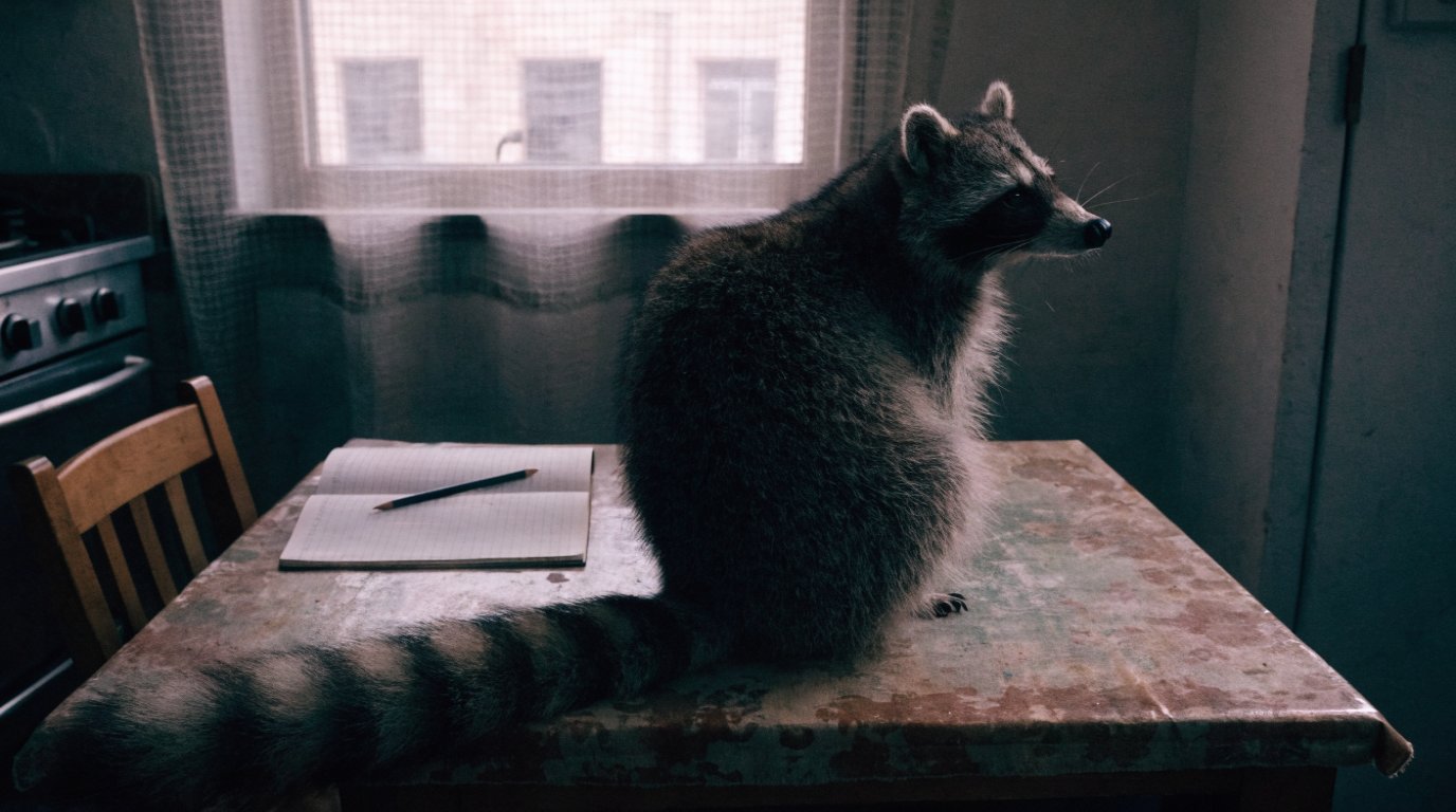 Drei Prozentzahlen Satire: Waschbär sitzt an einem Küchentisch vor einem aufgeschlagenen Haushaltsbuch