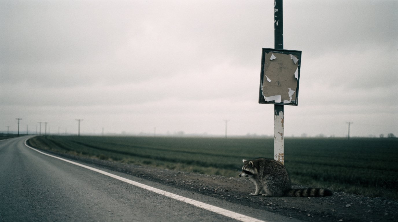 Wahlbeteiligung Anfahrtsweg Satire: Waschbär sitzt an einer Bushaltestelle an einer leeren Landstraße vor einem verwitterten Plakat