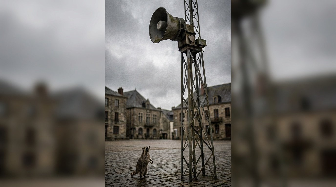 Warntag Satire: Waschbär steht auf einem Platz unter einer Sirene an einem Mast