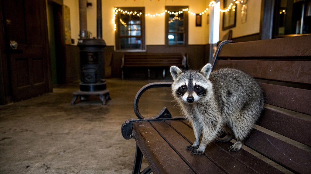 Warteraum-Event Satire: Waschbär in einem mit Lichterketten geschmückten Bahnhofswarteraum