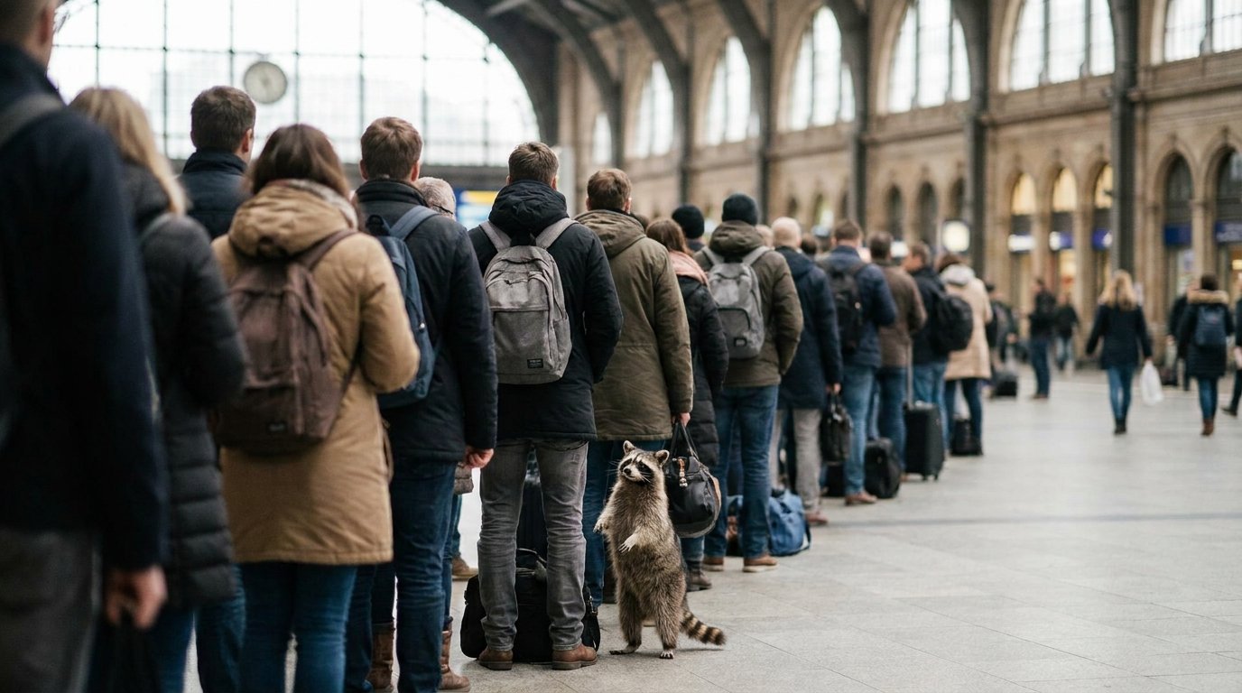 Warteschlange Satire: Waschbär steht in einer Reihe wartender Menschen in einer Bahnhofshalle
