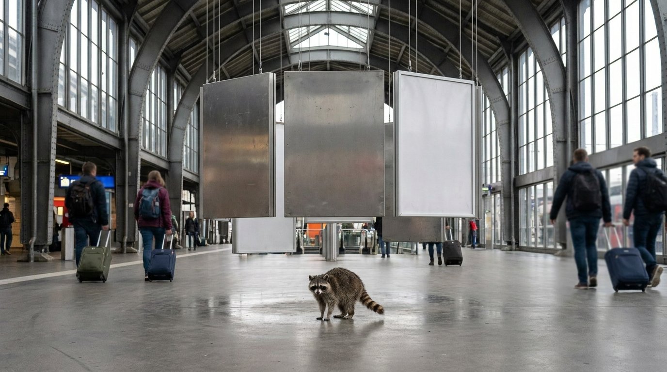 Wegeleitsystem Satire: Waschbär steht unter mehreren Wegweiserschildern in einer großen Bahnhofshalle