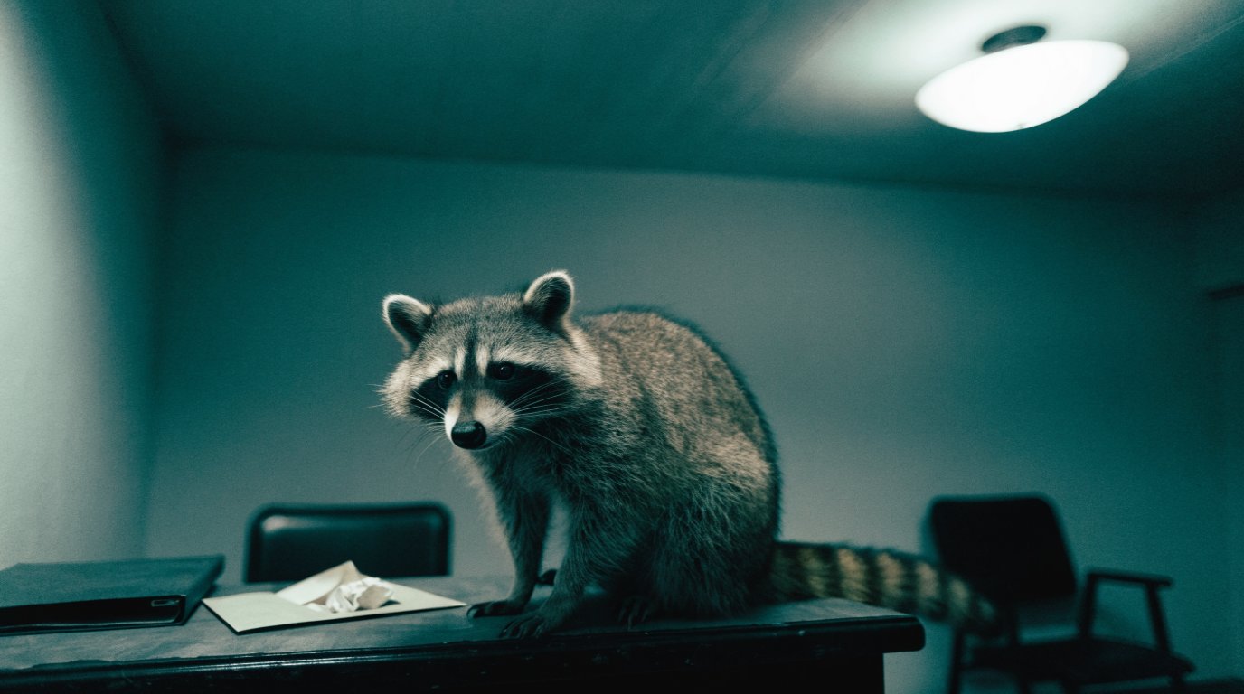 Streichliste Satire: Waschbär sitzt auf einem Schreibtisch im Rathaus neben einem geöffneten Brief und einer geschlossenen Mappe