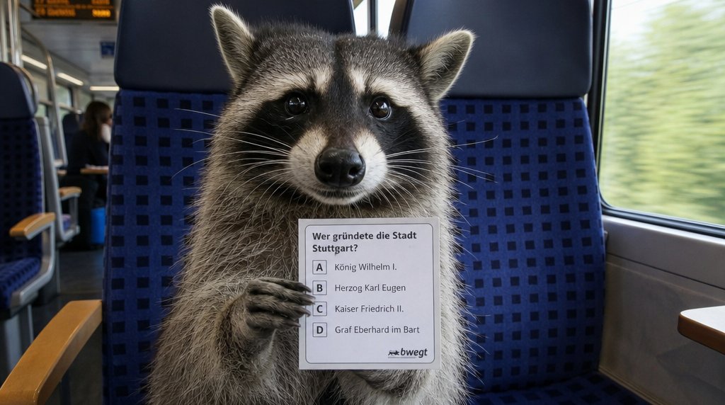 Zug-Quiz Satire: Waschbär hält in einem Regionalzug eine Antwortkarte hoch