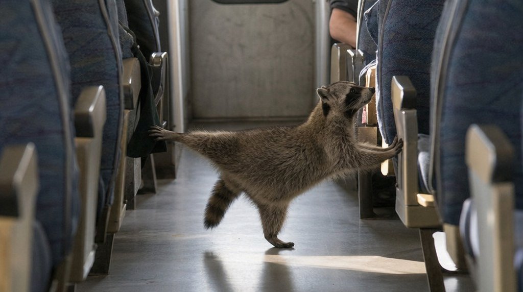 Zug-Yoga Satire: Waschbär in einer Yoga-Dehnpose im Gang eines Zugwagens