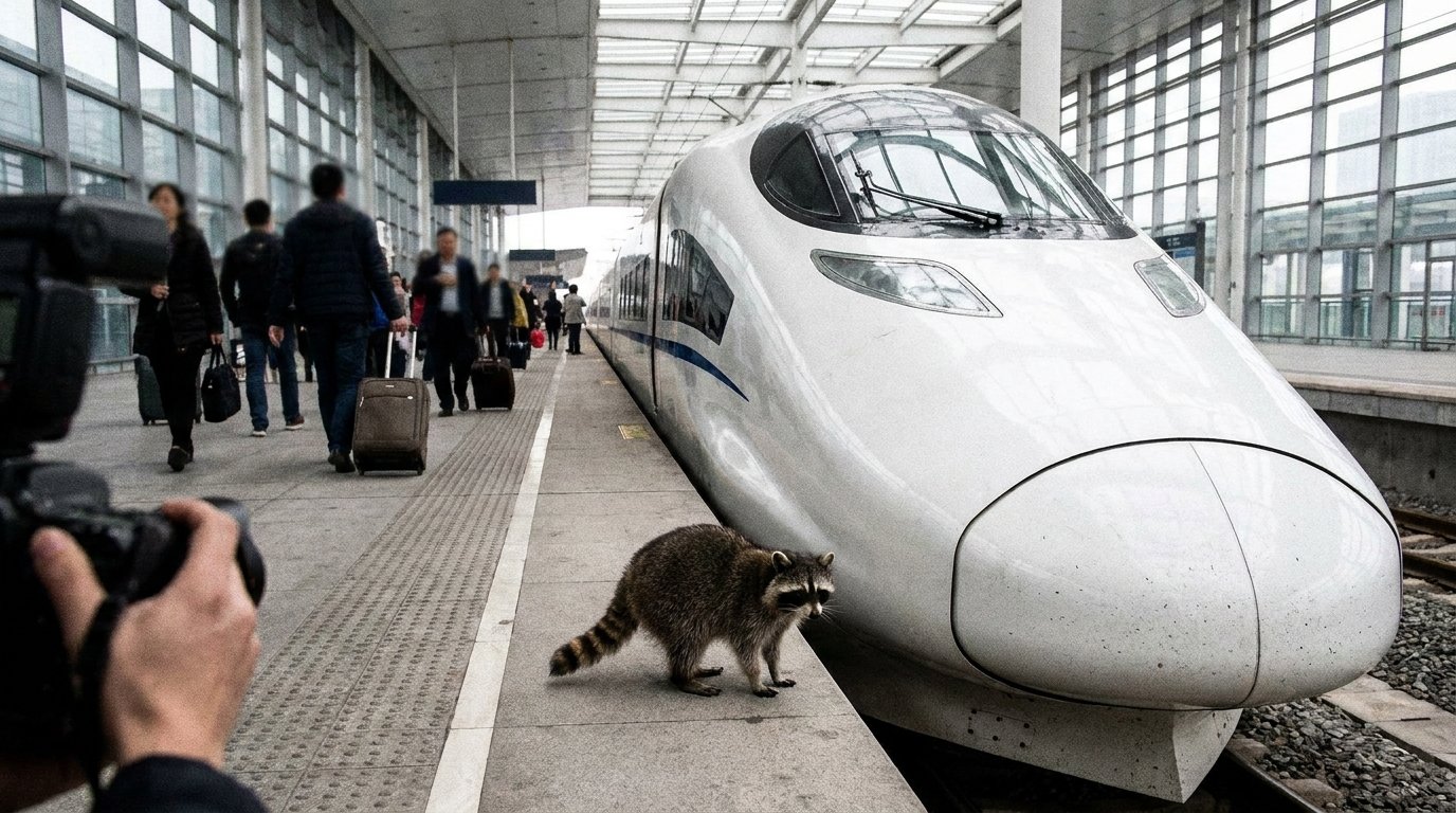 Zugtaufe Satire: Waschbär steht neben der Front eines weißen Hochgeschwindigkeitszuges auf einem Bahnsteig