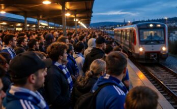 Große Menge Fußballfans wartet am Abend auf einem Bahnsteig, ein einzelner Regionalzug fährt ein
